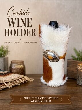 Western Cowhide Wine Bottle Holder with Silver Concho | Rustic Bar Decor